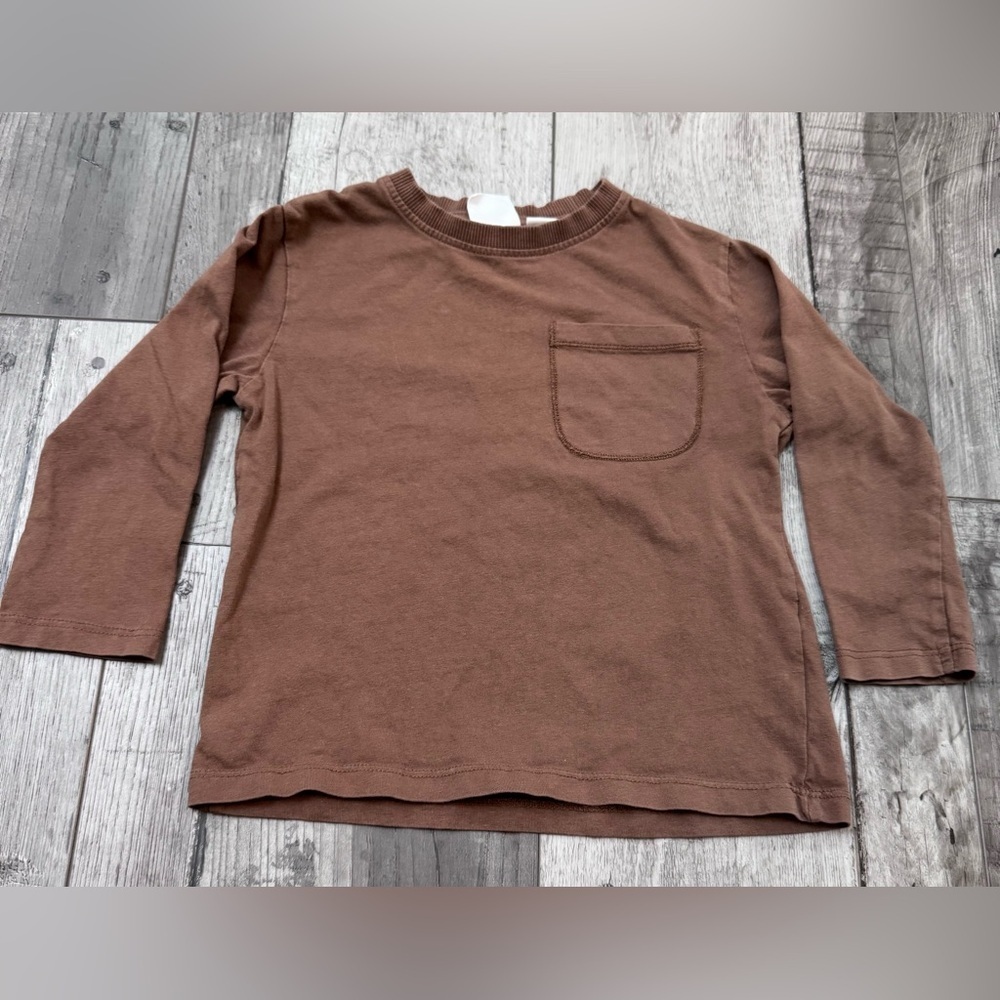 Zara Girls Tee Long Sleeve T-Shirt Brown Pocket Crew 2-3 Years